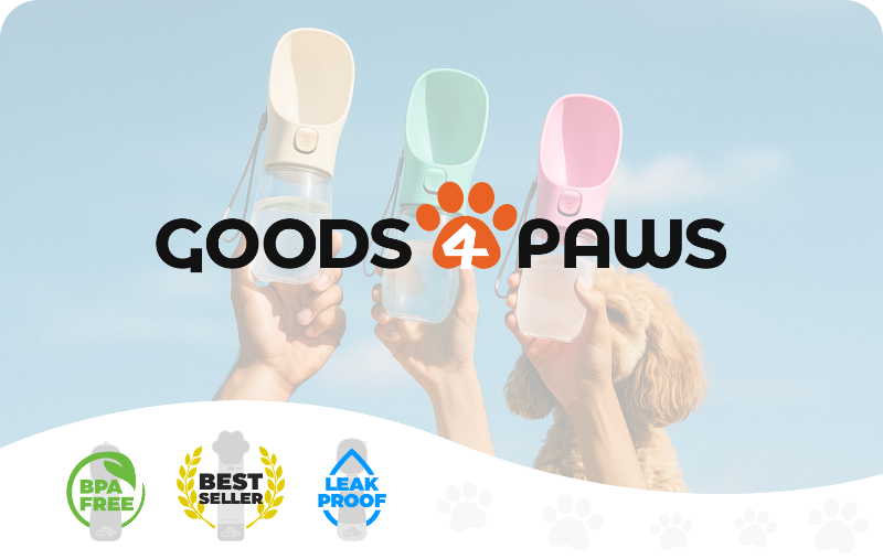 Three pet water bottles held by hands with 'Goods 4 Paws' branding and product features on a light blue background.