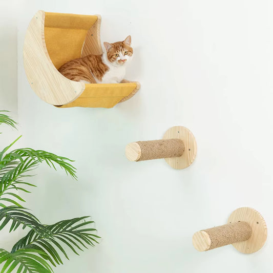 Cat Shelf Wall Hammock Climbing Shelves Moon Shaped and Perches Ladder Solid Wood Steps for Activity Indoor Cats Wall Furniture