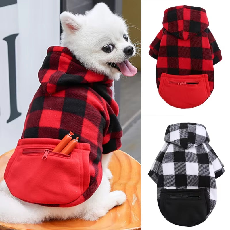 Winter Warm Dog Hoodie Pet Jacket Plaid Pocket Coat Cold Weather Dog Clothes Pet Apparel for Small Medium Large Dogs