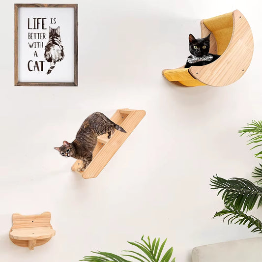 Cat Shelf Wall Hammock Climbing Shelves Moon Shaped and Perches Ladder Solid Wood Steps for Activity Indoor Cats Wall Furniture