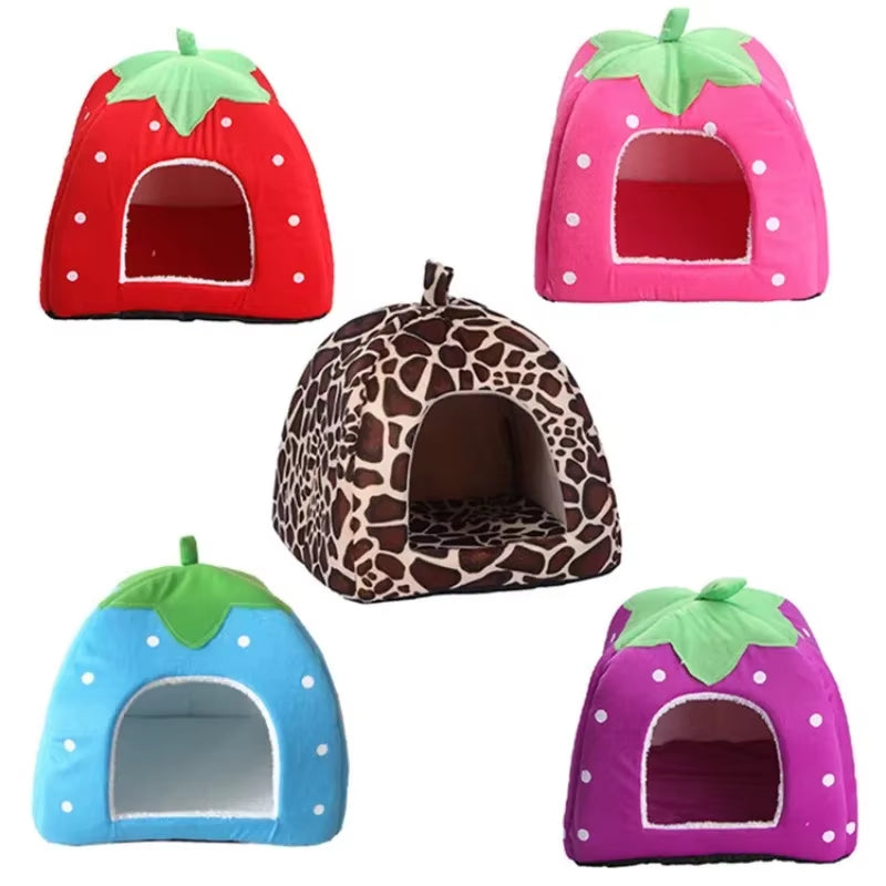 Cute Strawberry Pet Dog Cat House Foldable Warm Soft Winter Dog Bed Sofa Cave Puppy Dog House Kennel Nest for Small Dogs Cats Hamster, Rabbit