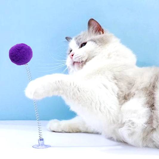 Cute Cat Fur Ball Cute Cat Teaser Wand Pet Products Spring Toy Cat Interactive Toys with Suction Cup Scratcher Toy Cat Supplies