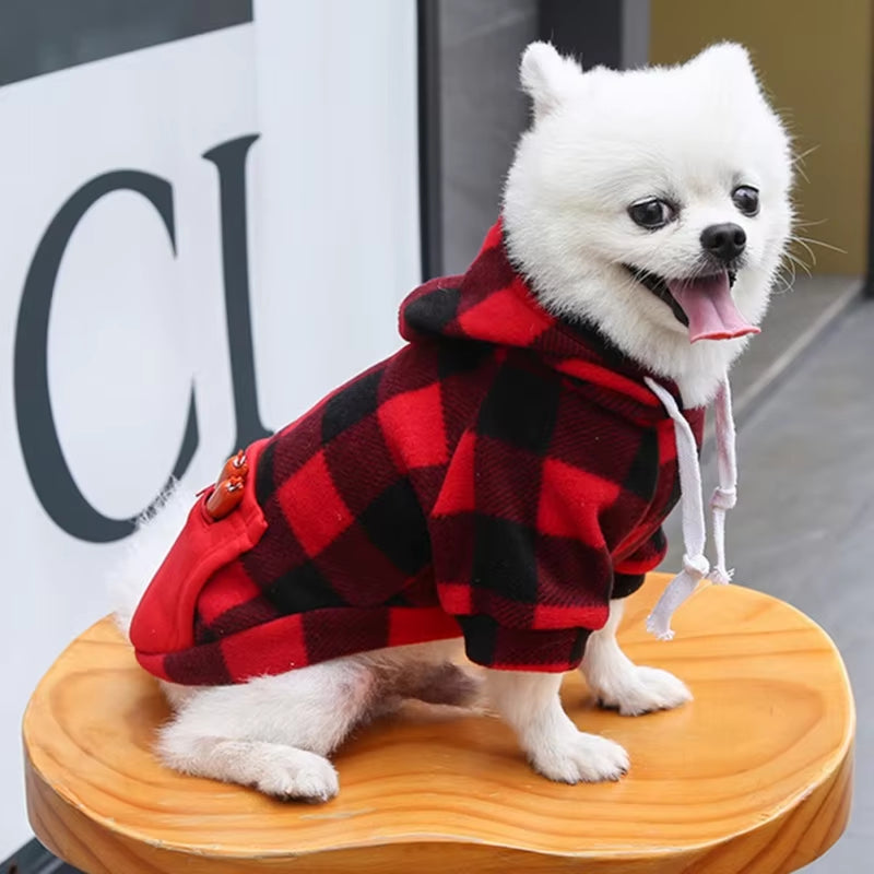 Winter Warm Dog Hoodie Pet Jacket Plaid Pocket Coat Cold Weather Dog Clothes Pet Apparel for Small Medium Large Dogs