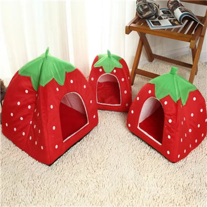 Cute Strawberry Pet Dog Cat House Foldable Warm Soft Winter Dog Bed Sofa Cave Puppy Dog House Kennel Nest for Small Dogs Cats Hamster, Rabbit