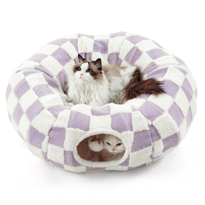 Lesure Cat Tunnel Bed for Indoor Cats - Cute Cat Donut Tunnel with Washable Circle Cushion, round Pet Play Tunnel Toy for Kitten/Puppy/Rabbit,Purple