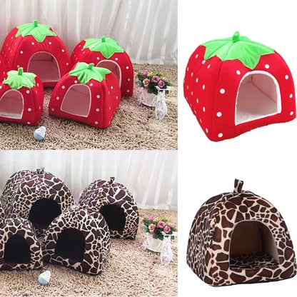 Cute Strawberry Pet Dog Cat House Foldable Warm Soft Winter Dog Bed Sofa Cave Puppy Dog House Kennel Nest for Small Dogs Cats Hamster, Rabbit