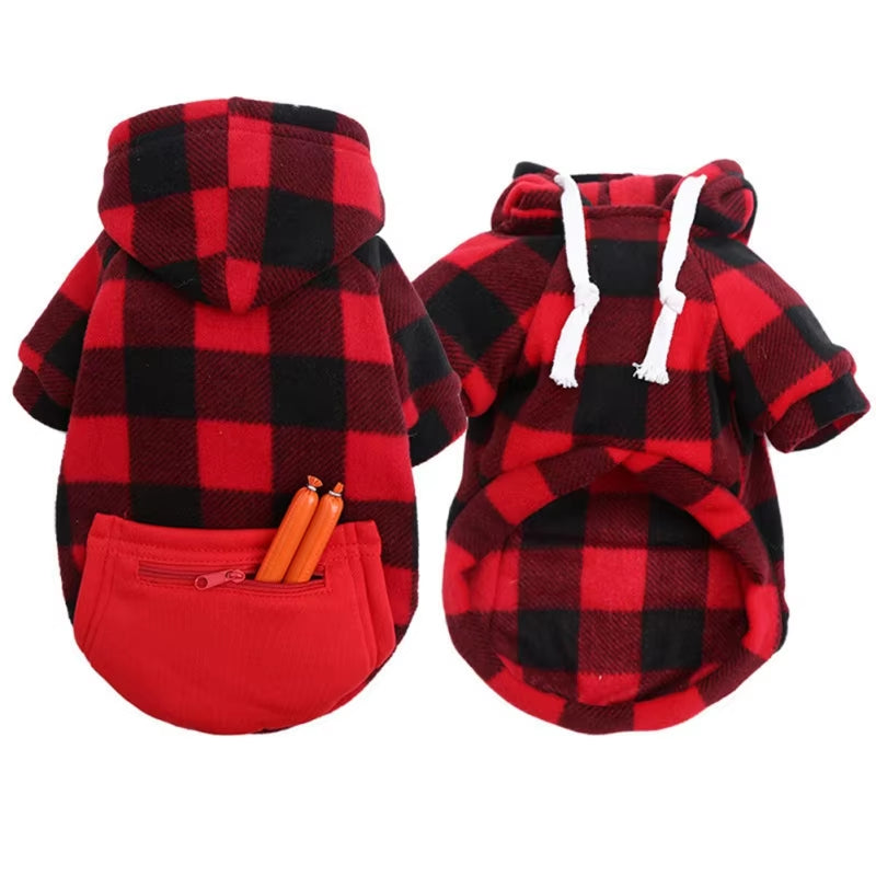 Winter Warm Dog Hoodie Pet Jacket Plaid Pocket Coat Cold Weather Dog Clothes Pet Apparel for Small Medium Large Dogs