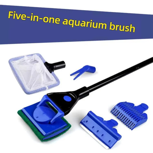 EW Fish Tank Glass Cleaning Brush Aquarium Tool Fishing Aquatic Grass Clip Algae Scraping Knife Long Handle Five-In-One Cleaning