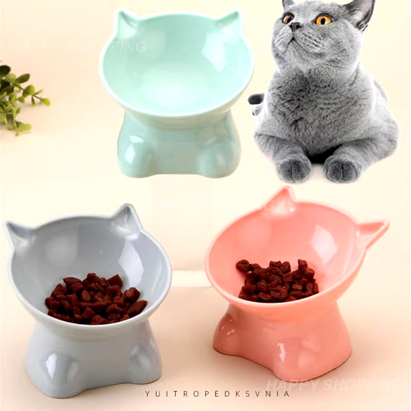 Pet Bowl Large Capacity Cats Bowls Oblique Mouth Cute Cartoon Cat Shape Puppy Food Dispenser Feeder Small Animal Dog Accessories