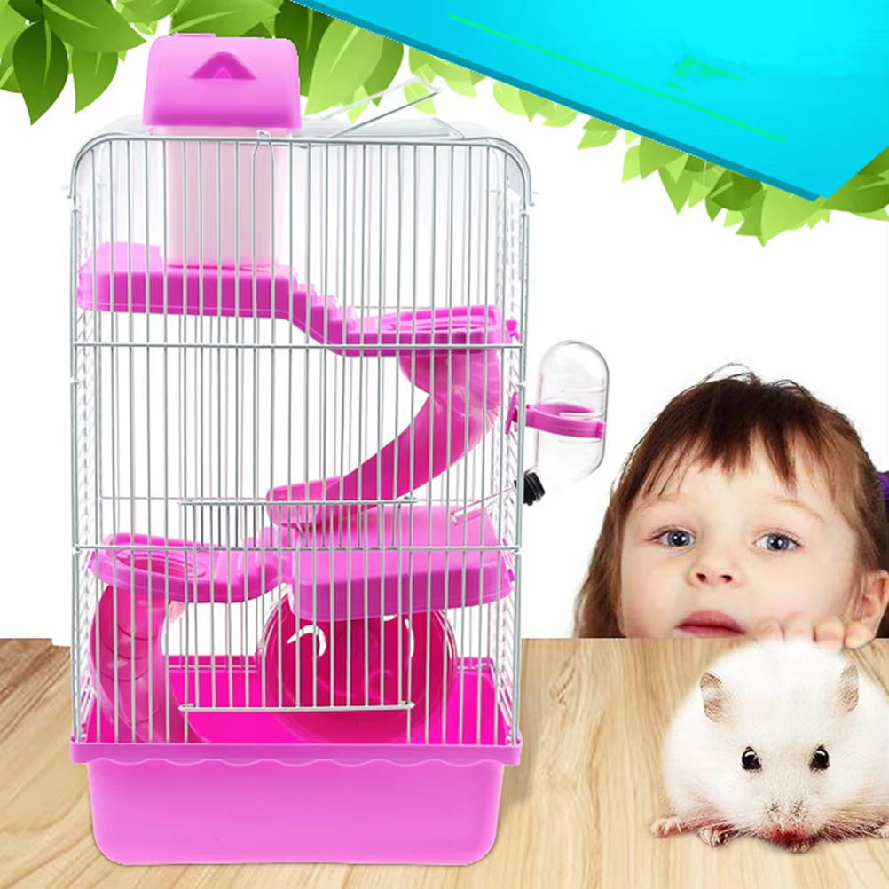 Large Hamster Cage Three Layers Chinchilla Cage Includes Water Bottle Exercise Wheel Dish Hamster Hide- Out Small House For